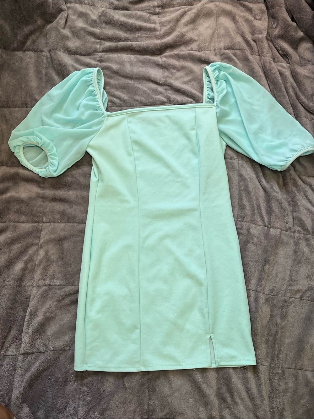 Mint dress with sheer sleeves and slit